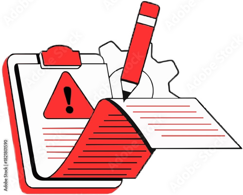Warning document and process settings with pencil icon, clipboard and gear. error management, task list and note taking concept isolated on transparent background, Vector, illustration.