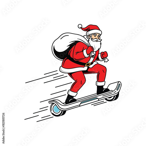 Santa riding a futuristic snow hoverboard with speed streaks and a gift sack in a bold minimal vector illustration