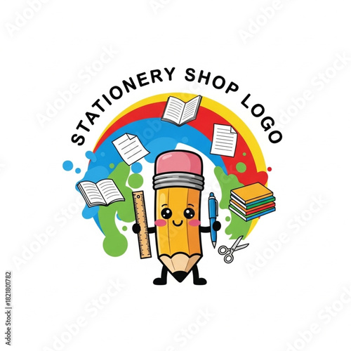 Cute stationery shop pencil character logo with school supplies