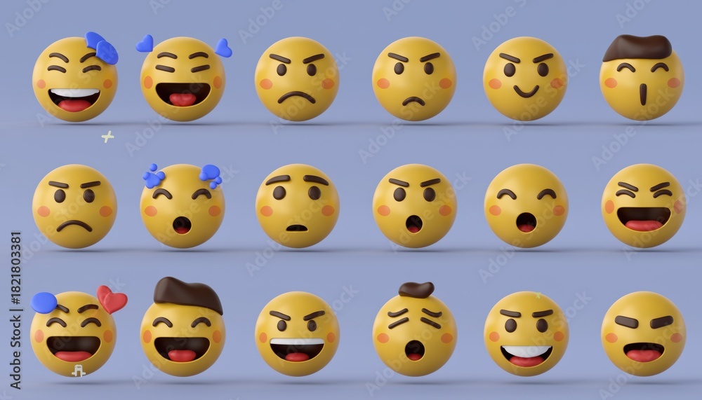 Naklejka premium Three Rows of 3D Emojis Displaying Diverse Expressions
