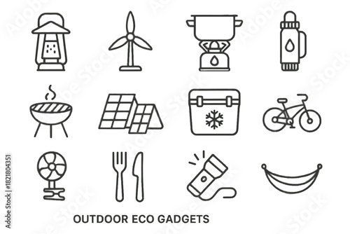 Eco hammock camping tent panel line light icon gadgets water vector cutlery