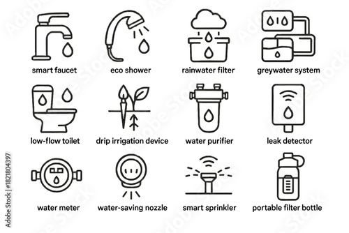 Saving bottle vector meter water greywater purifier filter sprinkler device icon
