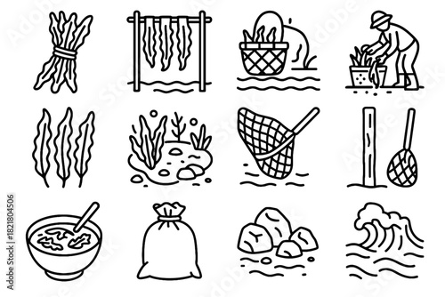 Pole coastal icon drying rack tide harvest vector seaweed icons bowl ocean