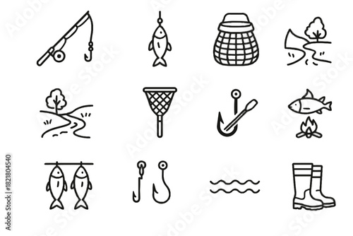 Set riverbank caught icon fish cooking fishing water vector fisherman net