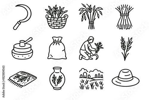 Grains harvesting sickle vector pot stone grain meadow field wild icon wheat