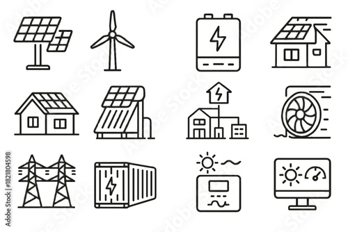 Icon vector substation icons solar hydro renewable heater turbine electric energy