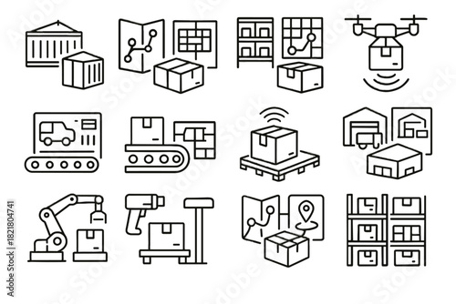 Icon inventory dashboard fleet digital twin vector robotic schematic warehouse optimization logistics