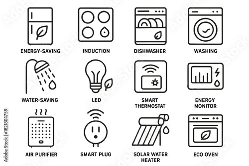 Fridge icons led purifier dishwasher efficient lighting eco appliance vector induction icon