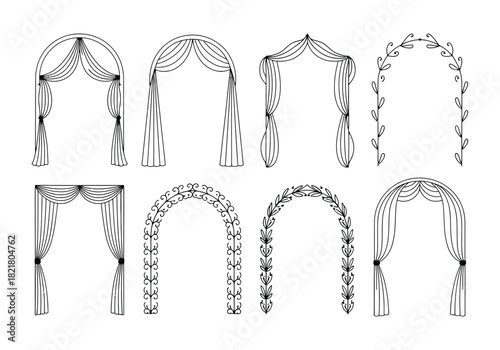 Elegant vector archways with curtains and botanical decorations
