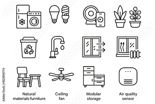 Eco home ceiling materials thermostat passive air fan icon indoor vector appliances