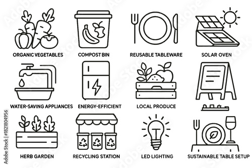 Garden vector eco oven setup tableware icon sustainable local menu produce hotel