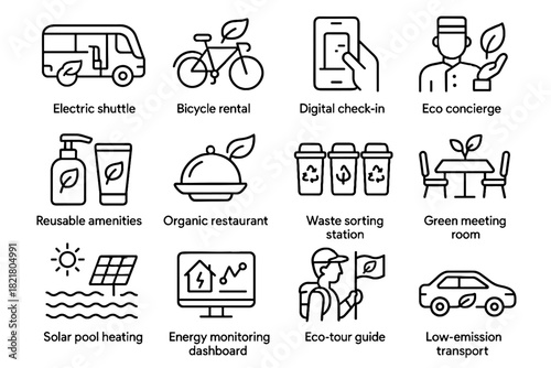 Digital energy station vector pool icons bicycle icon sustainable organic hotel sorting