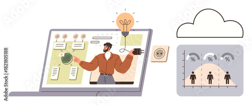Laptop screen displays speaker, charts, speech bubbles, and lightbulb, with cloud icon and human data graph nearby. Ideal for education, innovation, training, communication teamwork workflow