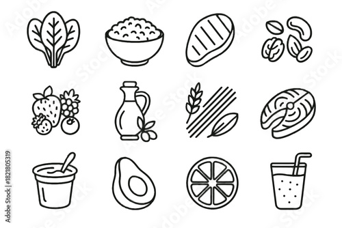 Citrus chicken icons cup diet vector leafy nuts balanced olive icon avocado