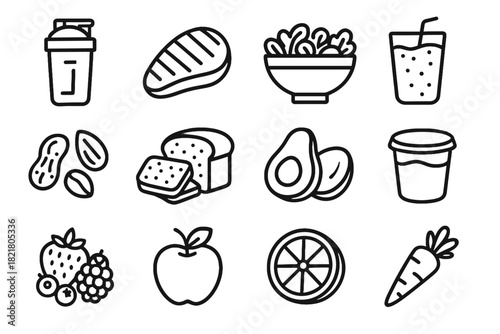 Nuts grain carrot nutrition glass icon cup yogurt chicken bowl fitness icons