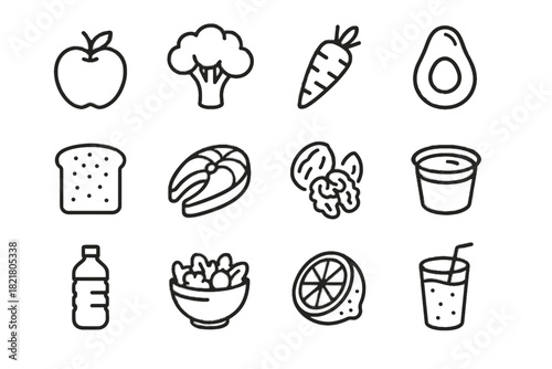 Bowl healthy avocado apple icons salad nutrition vector cup bread icon glass