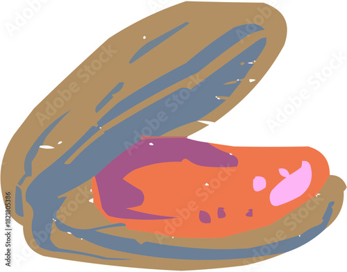 A vibrant, stylized vector illustration of an opened mussel (or clam) shell, revealing the meat inside. Perfect as a menu icon, fish market graphic, or for promoting Mediterranean cuisine.
