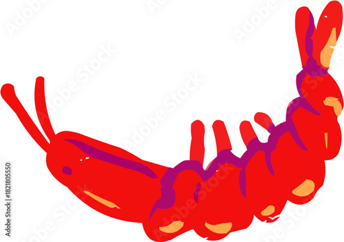 A vibrant, stylized vector illustration of a small, curled pink shrimp or prawn. Essential element for food icons, sushi restaurant menus, or seafood recipe blogs.