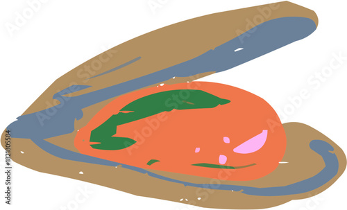 A vibrant, stylized vector illustration of an opened mussel (or clam) shell, revealing the meat inside. Perfect as a menu icon, fish market graphic, or for promoting Mediterranean cuisine.