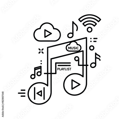 Outline icon of music streaming service with playlist and cloud storage
