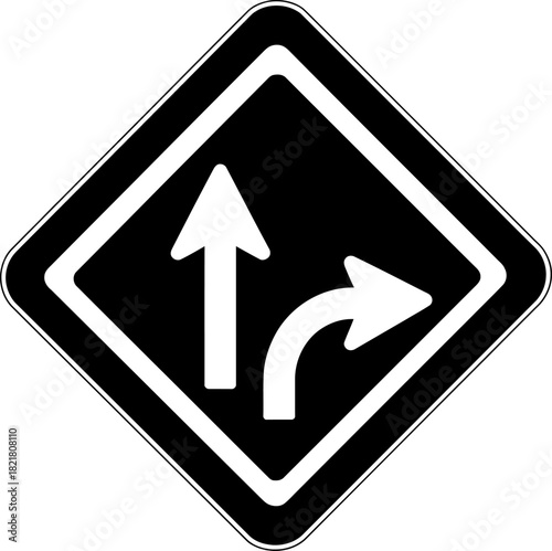 Road Warning Sign for Lane Divergence and Splitting Traffic Straight and Right