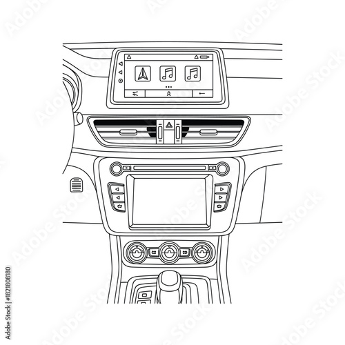 Line drawing of a modern car dashboard with infotainment system