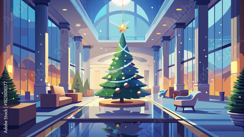Very beautiful minimalist Christmas celebration atmosphere in the USA, featuring a simple, modern Christmas tree adorned with a single elegant decoration, set in a clean and serene festive interior su