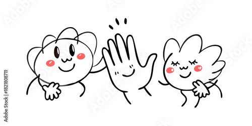 Two cute cartoon characters giving a high five greeting