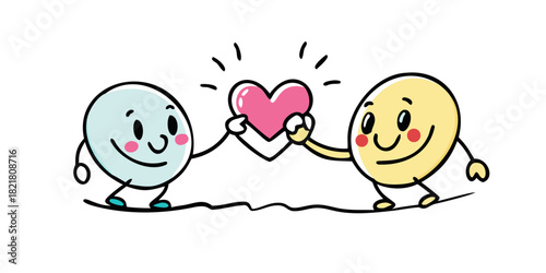 Two cute cartoon characters sharing a pink heart friendship