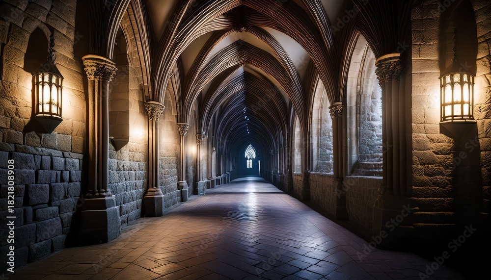 Obraz premium moody dimly lit gothic corridor with pointed arches and stone walls evoking mystery history and ancient architectural grandeur