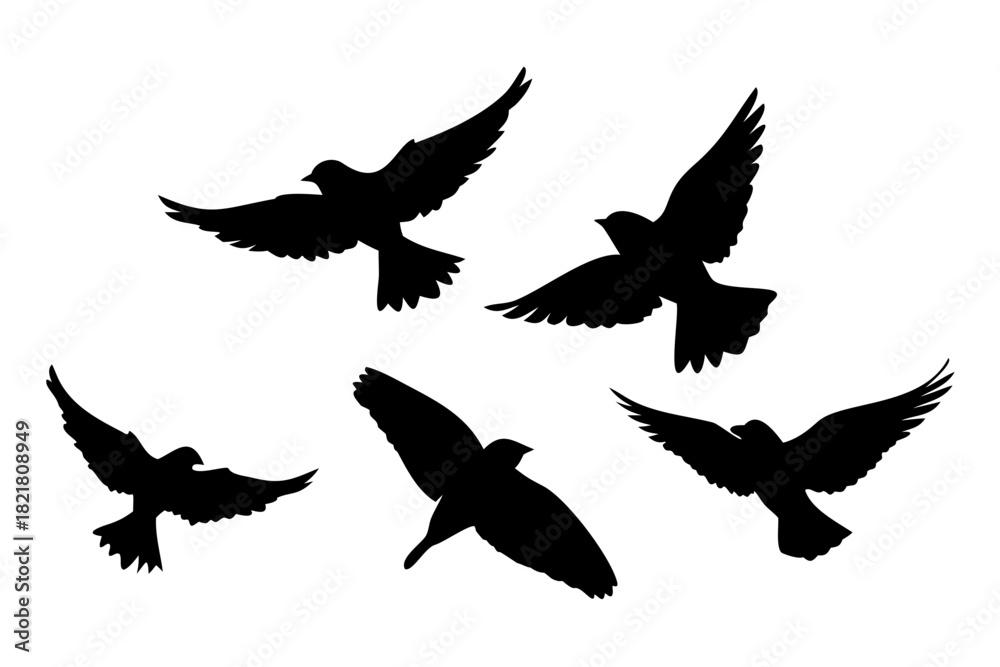 Fototapeta premium Two Sparrows Perched Silhouette on White Background