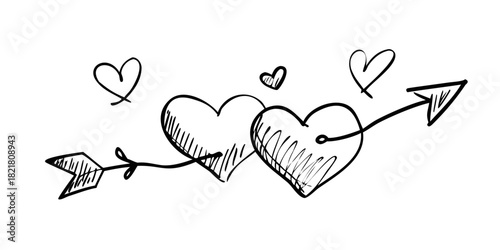 Two sketchy doodle hearts pierced by an arrow vector