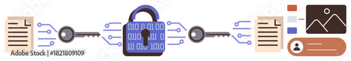 Data files, digital keys, and padlock illustrating encryption flow. Ideal for cybersecurity, privacy, protection, data safety, communication security, encryption basics simple flat metaphor