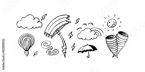Weather icons tornado lightning rainbow clouds vector