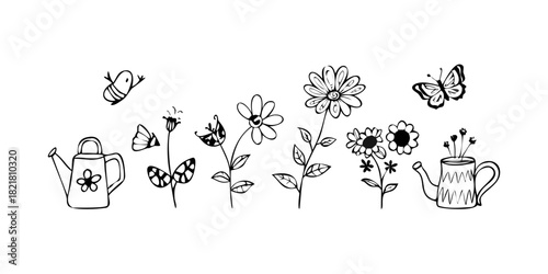 Whimsical Garden Doodles Watering Can Flowers Bees Cup