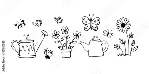Whimsical Garden Doodles Watering Can Plants Bees vector