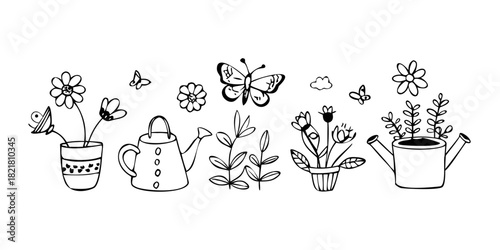 Whimsical Garden Scene with Watering Cans and Bees