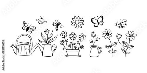 Whimsical Garden Elements Butterflies Watering Cans Flowers Bees