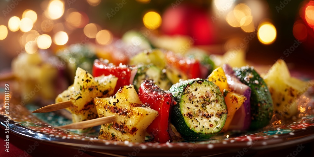 Obraz premium Vegetable skewers with star-cut peppers and zucchini slices rest on a festive plate under blurred holiday lights. Their bright colors add freshness to the Christmas table.