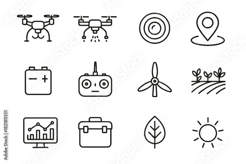 Data agricultural sun icons lens storage spraying nozzle crop leaf drone vector
