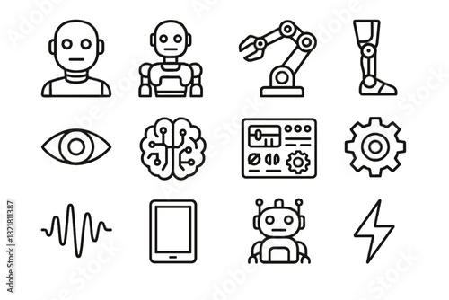 Speech icon robot humanoid power bolt wave icons ai vector mechanical eye