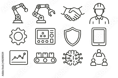 Vector data worker panel control conveyor arms icons device cube collaborative icon