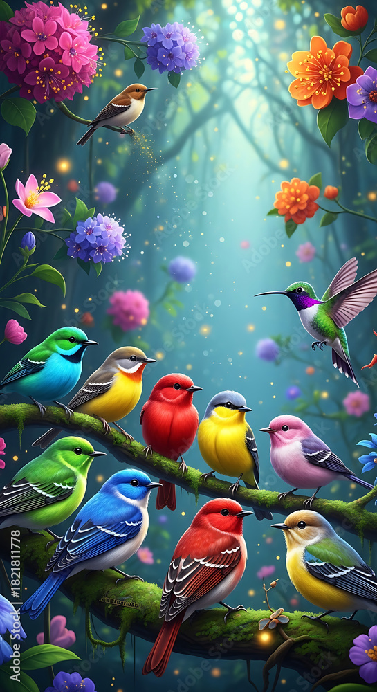 Fototapeta premium Enchanted forest scene with colorful birds and vibrant flowers