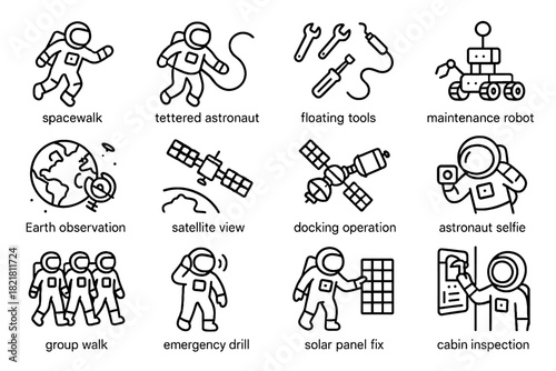 Tethered cabin orbital icons observation robot activities inspection floating maintenance icon vector