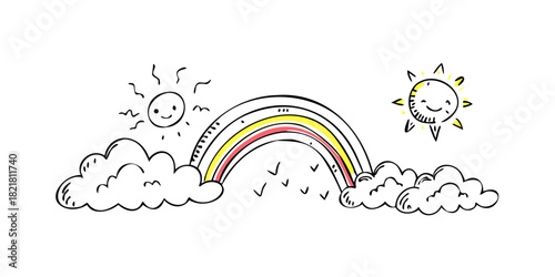 Yellow and pink rainbow arc with sunburst on white background