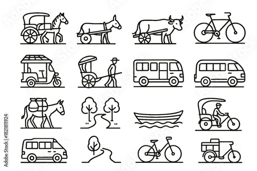Horse vector donkey eco rural transport carriage hand bicycle icon wooden footpath