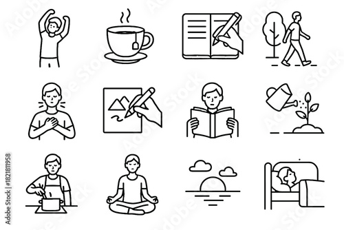 Detox reading observation exercise icons stretch routine icon book walk digital sunset