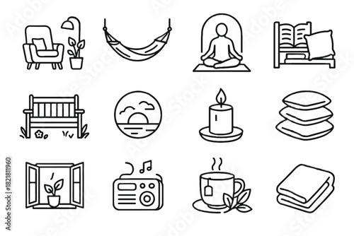 Pillow stack light tea sunset soft set vector relaxation bench icon herbal