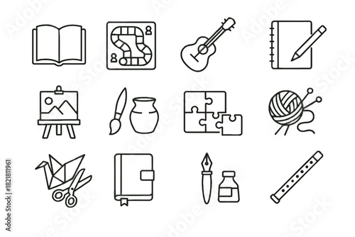 Sketchbook game journal painting flute clay unplugged icons set vector book leisure