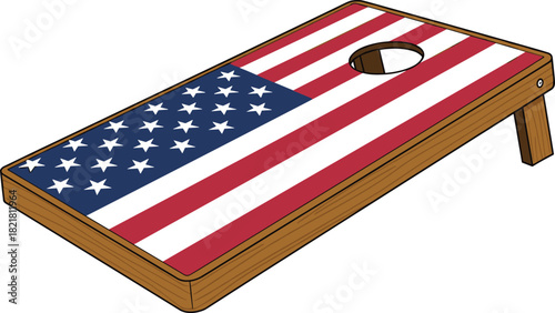 American flag themed cornhole board illustration, patriotic outdoor game design, USA stars and stripes pattern, wooden bean bag toss platform